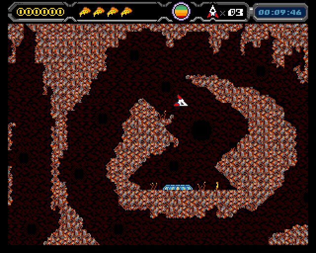 Space Pizza ship flying through a red rocky cavern