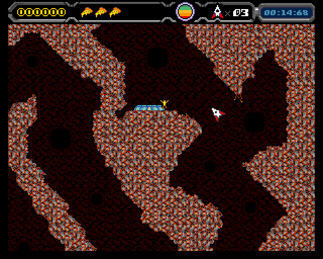Space Pizza ship approaching a landing pad in a red cavern