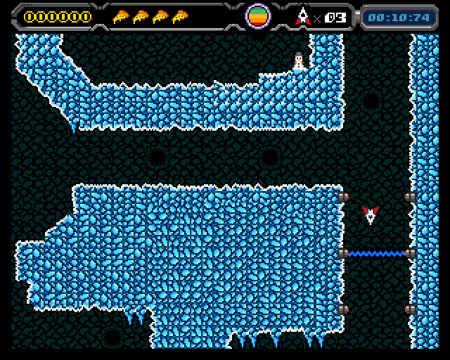 Space Pizza ship navigating an icy cavern with electric barriers