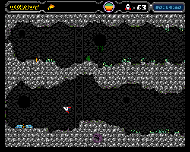 Space Pizza ship flying through a rocky industrial cavern